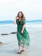 Plus size Green Plant Print Deep V-Neck High Waist Contrast Color Piping Dress Sai Feel